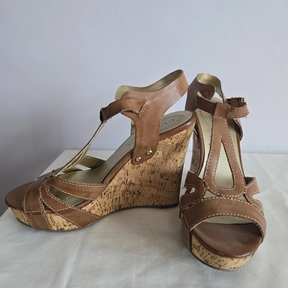 GUESS Brown Strappy Women's Wedges